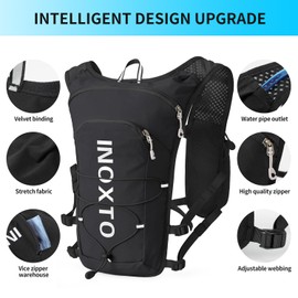 INOXTO Running Hydration Vest Backpack,Lightweight Pack with 1.5L Water Bladder and 250ml Soft Flask Daypack for Hiking Trail Running Cycling Race Marathon for Women Men (Black White, Standaed)