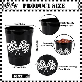 YYBD 24Pcs 16oz Racing Car Party Cups Black White Checkered Reusable Plastic Tumblers Race Car Themed Drinking Cups Decorative Cups for Race Car Birthday Party Supplies Checkered Flag Party Favors
