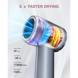 Hair Dryer, 160000 RPM Professional High Speed Ionic Blow Dryer 200 Million Negative Ions & Heat-Control & Low Noise Hairdryer with Magnetic Diffuser for Faster Drying All Hair Types, No Heat Damage