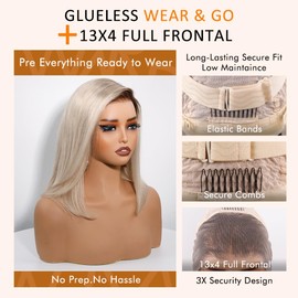 Glueless Full Frontal Ombre Ash Blonde Bob Wig Human Hair with Dark Roots Pre Plucked Pre Cut Short 13x4 UHD Highlight Ombre Lace Front Wig Human Hair for Women Real Hair Daily Party 10Inch 180%
