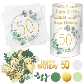 Pack of 20 Napkins for 50th Birthday + 12-Piece Lantern Table Decorations + 100 Pieces of Confetti, Green Decorations, for Women/Men, Happy Birthday 50th Birthday Table Decoration, Eucalyptus