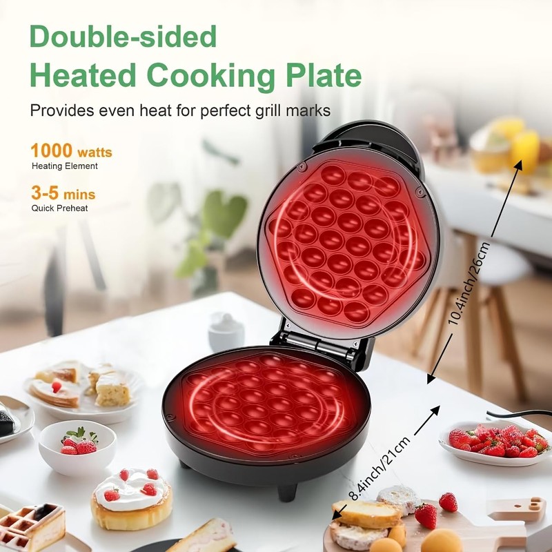 Bubble Waffle Maker, 1000W 7" Non-Stick Griddle, Hong Kong Egg