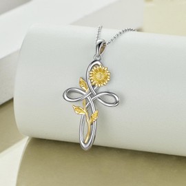 YFN Kreuz-Halskette mit Sonnenblume, Sterlingsilber, Unendlichkeitsliebe, keltischer Knoten, Sonnenblumen-Anhänger, Schmuck für Frauen (Keltische Silberkreuz-Halskette mit Sonnenblume)