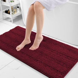 Grandaily Chenille Striped Bathroom Rugs 47x20, Extra Thick and Absorbent Bath Rugs, Non-Slip Soft Plush Shaggy Bath Carpet, Machine Wash Dry, Bath Mats for Bathroom, Burgundy