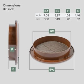 Vent Systems 6" Inch - Pack of 5 - Plastic Brown Soffit Vent Cover - Round Air Vent Louver Grill with Mesh Screen - Duct Pipe Cover for Wall/Ceiling - Register HVAC Vent for Bathroom, Home, Garage