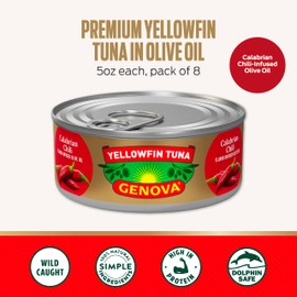 Genova Premium Yellowfin Tuna in Calabrian Chili Infused Olive Oil, 5 Ounce Cans (Pack of 12), Wild Caught Tuna, Solid Light