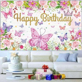 QYCX Butterfly Backdrop Butterfly Party Decorations Butterfly Banner Butterfly Birthday Backdrop Butterfly Happy Birthday Background for Girl Butterfly Birthday Party Backdrop Butterfly Party Supplies