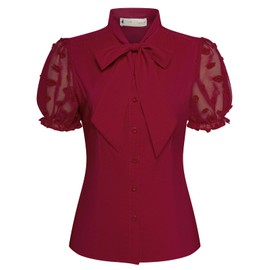 Belle Poque Women Elegant Vintage Bow Tie Neck Blouse Swiss Dot Tops Retro Puff Sleeve Button Down Shirts for Work Office, Red, L