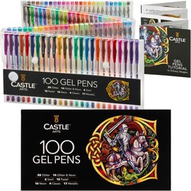Castle Art Supplies 100 Gel Pens for Adult Colouring Set | Premium Boxed | Drawing, Scrapbooks, Journals | Amazing Colours, Effects – Swirl, Glitter, Neon, Pastel, Metallic - with Smooth, Fine Tips