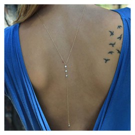 Inilbran Boho Rhinestone Back Necklace Long Crystal Back Necklace Chain Gold Rhinestone Back Chain Necklace Vintage CZ Body Chains Necklaces Summer Body Jewellery for Women and Girls