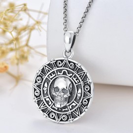 LEECCI Aztec Necklace 925 Sterling Silver Skull Pendant Pirates Jewelry for Women Men Valentine'S Day Christmas Birthday Gift