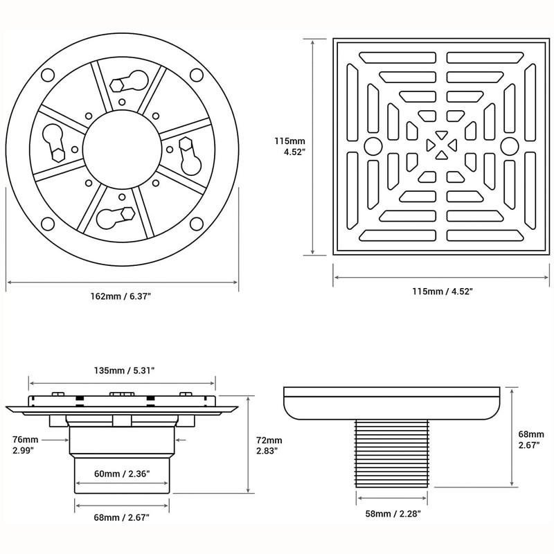 RANDOM 4 Inch Black Shower Drain Square with Adjustable PVC