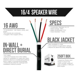 Voltive 16/4 Speaker Wire - 16 AWG/Gauge 4 Conductor - UL Listed in Wall (CL2/CL3) and Outdoor/In Ground (Direct Burial) Rated - Oxygen-Free Copper (OFC) - 250 Foot Bulk Cable Pull Box - Black