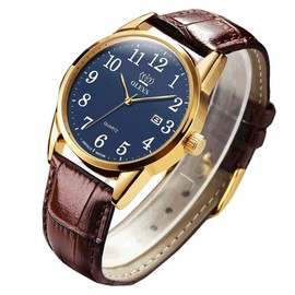 Men's Wristwatch, Business Watch, Leather Band, Men's, Stylish, Waterproof, Calendar Display, Luminous Men's, Best Gift, Brown Strap + Blue Dial