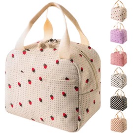 Arae Lunch Bags for Women Reusable - Large Insulated Lunch Box Lightweight Tote for Work, Travel, Beach & Daily Use, Strawberry - Beige