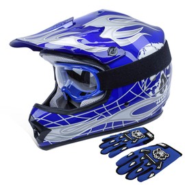 TCT-MOTORPARTS DOT Kids Youth Motocross Helmets ATV Off-Road Dirt Bike Motorcycle Full Face Blue Skull Helmet+Gloves+Goggles X-Large
