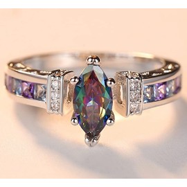 DCFSHEE Fashion Marquise Shape Cut Created Mystic Rainbow Topaz 925 Sterling Silver Plated Promise Ring Jewelry Gifts for Her (US size 7), US size 7