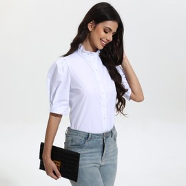 Womens 2024 Summer White Top Ruffle Stand Collar Button-Down Shirt Puff Sleeves Blouse