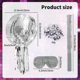 12.5 Inch Disco Party Pinata 80s 90s Roller Skating Mirror Disco Ball Pinata with Blindfold Stick Confetti for 80s 90s Discos Birthday Wedding Party Supplies Decor (Discos Ball)