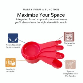 Storage Theory 2-in-1 Measuring Cups & Spoons Set (4-Piece) - Nesting Space-Saving Kitchen Gadget - BPA-Free Food Grade Plastic - Dishwasher Safe for Baking, Cooking, Coffee - Red