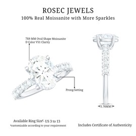 Rosec Jewels Certified Moissanite 7X9 mm Oval Engagement Ring in Silver, D-Vs1 Quality, Moissanite Diamond 2 Carat Ring - Ready To Gift, 925 Sterling Silver, Size:US 6.50