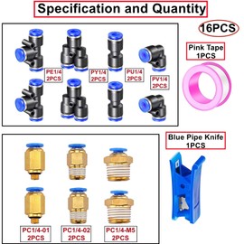 HUAZIZ Black 10 m Air PU Pneumatic Hose, 1/4 Inch Pneumatic Polyurethane Pneumatic Hose, 6 mm Outer Diameter with 14 Pieces Pneumatic Connectors + 1 Hose Cutter + 1 Roll of Tape