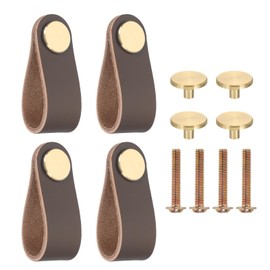 PATIKIL Leather Drawer Pulls, 4 Pack Leather Handle Center Cabinet Dresser Knobs with Screws for Dresser Cupboard Closet Doors, Dark Brown
