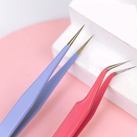 MAXLEAF MAXLEAF 2PCS Stainless Tweezers Straight Curved Tweezers for Stickers Eyelash Extensions Precision Electronics Nail Rhinestone Jewelry, Scrapbooking Tools (Pink)