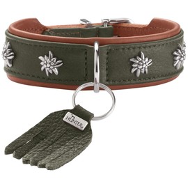 HUNTER Munich Dog Collar Colour: Green/Cognac, Leather, Elegant Costume Details, Soft and Robust, Fur Friendly, Luxurious, Ecologically Produced, Sustainable, Made in Germany, Size: 42
