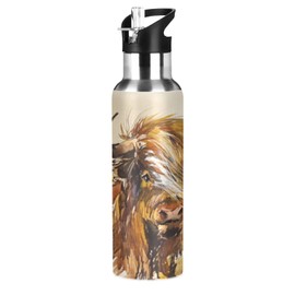 xigua Highland Cow Water Bottle, Stainless Steel Insulated Water Bottles with Straw Lids, Vacuum Hot Cold Water Bottle Leakproof Sport Water Bottles 20 oz