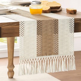 ZeeMart Macrame Style Bicolor Stitching Table Runner, 14 x 90 Inch Brown/Ivory, Boho Neutral Table Runners 90 Inches Long, Farmhouse Woven Home Decor