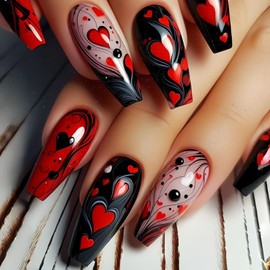 24Pcs Valentines Press on Nails Long Coffin Fake Nails Black Red False Nails with Black Red Heart Designs Glossy Acrylic Nails Cute Valentines Day Glue on Nails Long Ballet Artificial Nails for Women