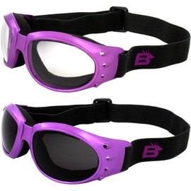 Birdz Eyewear Eagle Padded Womens Motorcycle Goggles 2 Pairs Dirt Bike Goggles Pink Frames with Clear & Smoke Lenses