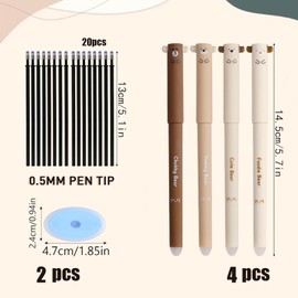 zurabini Erasable Gel Pen, Cute Cartoon Gel Pens, 0.5 mm Erasable Pen Set, 4 Gel Pens Erasable with 20 Refills and 2 Erasers, for Children, Students, Stationery (Black)