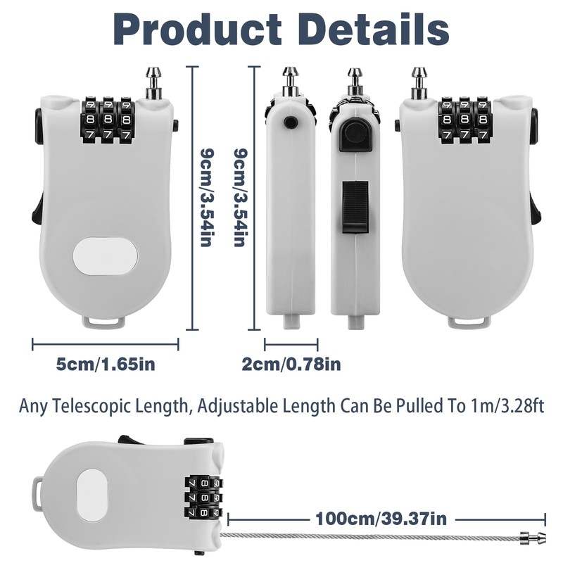 Pack of 2 Cable Lock, Retractable Cable Lock Combination Lock
