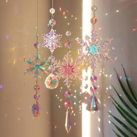 Sun Catcher Crystal Wind Chime, Pack of 4 Snowflake Crystal Pendant Decoration, Colourful Snowflakes Rainbow Sun Catcher Crystal, Hanging Window Decoration, for Home, Office, Garden, Outdoor Decoration