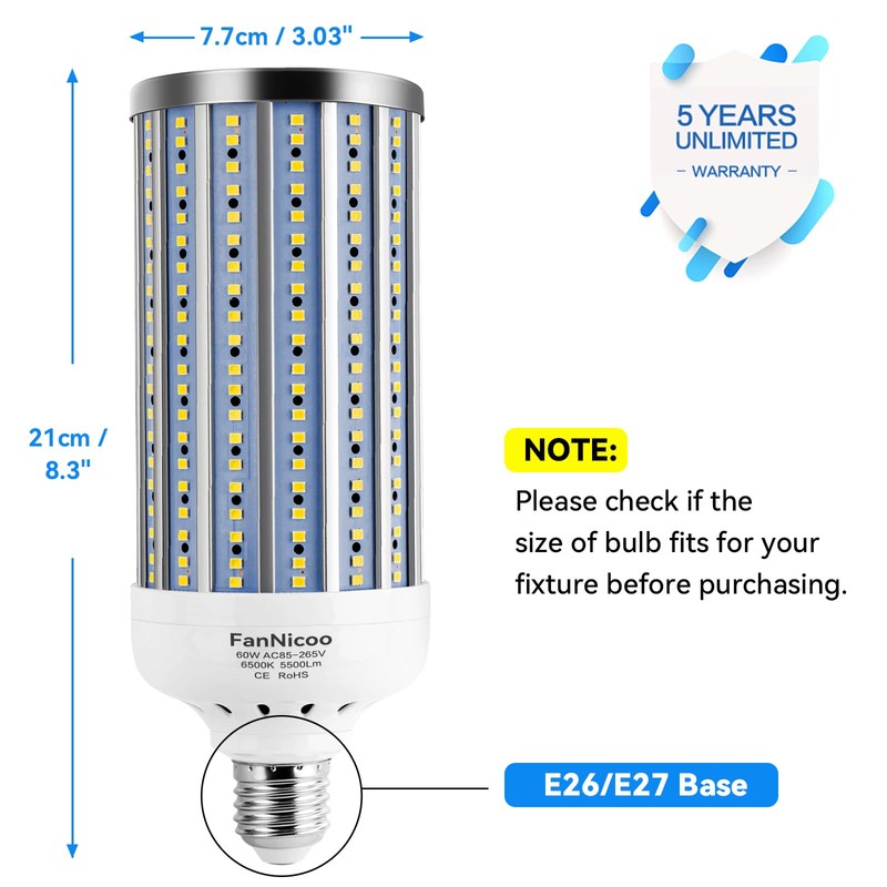 FanNicoo 60W LED Light Bulb 500W Equivalent LED Corn Light