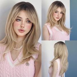 Long Blonde Wig with Bangs Womens Wigs for White Women Ombre Wig Layered Wig Curtain Bangs Wig Medium Length Wigs for Women Blonde 24inch Synthetic Wigs Straight Wig Cosplay Wigs for Daily Party Use