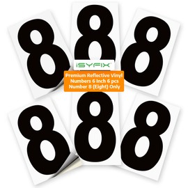iSYFIX Black Vinyl Number 8 (Eight) Stickers - 6 Pack 6 inch - Premium Decal, Reflective Background, Pre-Spaced for Mailbox, Signs, Window, Door, Cars, Truck, Home, Business, Address, Indoor & Outdoor