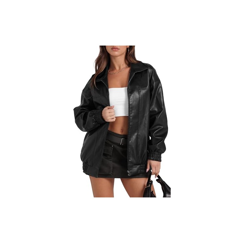 SAMPEEL Black Leather Jacket Women Cute Oversized Motorcycle Trendy Coats