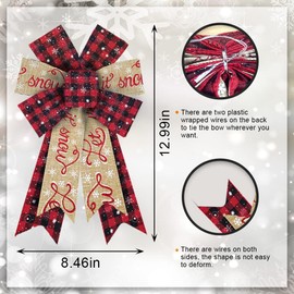 Hying 2PCS Christmas Bows for Wreath, Burlap Red Wreath Bows for Xmas Décor Red Black Buffalo Plaid Winter Bow for Front Door Indoor Outdoor Wall Tree Topper Decoration Supplies Christmas Ornament