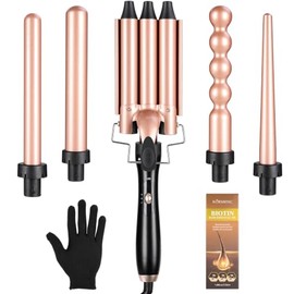 Rizadora para Cabello 5 en 1,Ferro para el Cabello Intercambiables,Tenazas para Rizar Cabello,Adecuado para Todo Tipo de Cabello,2 Configuraciones de Temperatura,con Guantes Aislados y Aceite Esencial