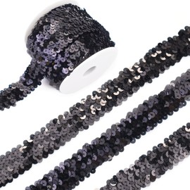 Elastic Sequin Ribbon Trim 10 Yards Black Metallic Sequins Stretch Lace Trim for Sewing Clothes Home Party Decoration