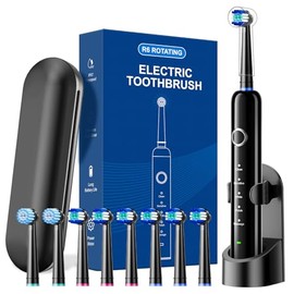 Rotating Electric Toothbrush for Adults, 8 Brush Heads (2 Types) & Travel Case, 5 Cleaning Modes Rechargeable Power Toothbrush with 2-Minute Smart Timer, Black