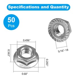 Yinpecly 5/16-18 Serrated Flange Hex Nuts,5/16" Hexagon Flange Nuts,UNC Nuts Fasteners, 304 Stainless Steel,Full Thread, Hex Drive, Replacement Nut for Industrial Construction Fasteners, 50 Pack