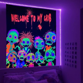 Welcome to My Crib Tapestry Funny Zombie Family Tapestry Blacklight Horror Tapestries UV Reactive Poster Glow in the Dark Black Light Posters The Walker Undead Ghoul Tapestries for Bedroom 29” x 37”