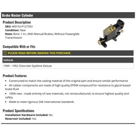 Marketplace Auto Parts, Brake Master Cylinder - Compatible with 1949-1952 Chevy Styleline Deluxe (with Manual Brakes, without Powerglide Transmission)