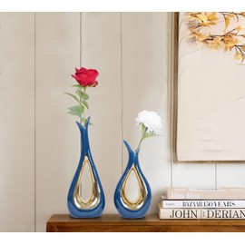 Blue and Gold Vase for Home Decor Navy Blue Hollow Ceramic Vases Set of 2 Nordic Minimalist Decorative Vase for Table Centerpiece Modern Flower Vases for Wedding Dining Living Room Office Decoration