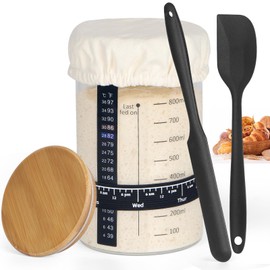 Sourdough Starter Jar Glass, 34 Oz DIY Wide-mouth Pro Sourdough Starter Jar Kit with Silicone Spatula,Cholkboard Sign, hermometer,Feeding Band,cloth cover, Reusable Sourdough Bread Baking Supplies.