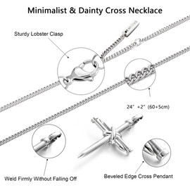 Murtoo Cross Necklace for Men，Stainless Steel Chain with Silver Nail Cross Pendant, Cross Mens Necklace Simple Jewelry Gift Idea for Men Hussband Boyfriend (Silver-Curb Chain, 20"+2")
